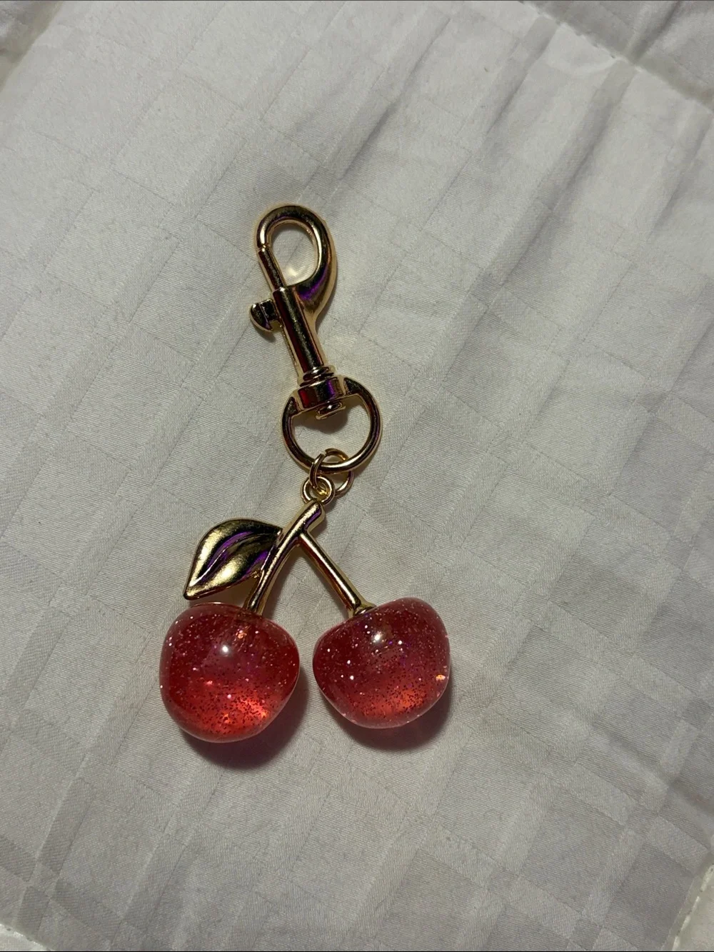 Gold Mini Cherry Keychain Charm in Pink